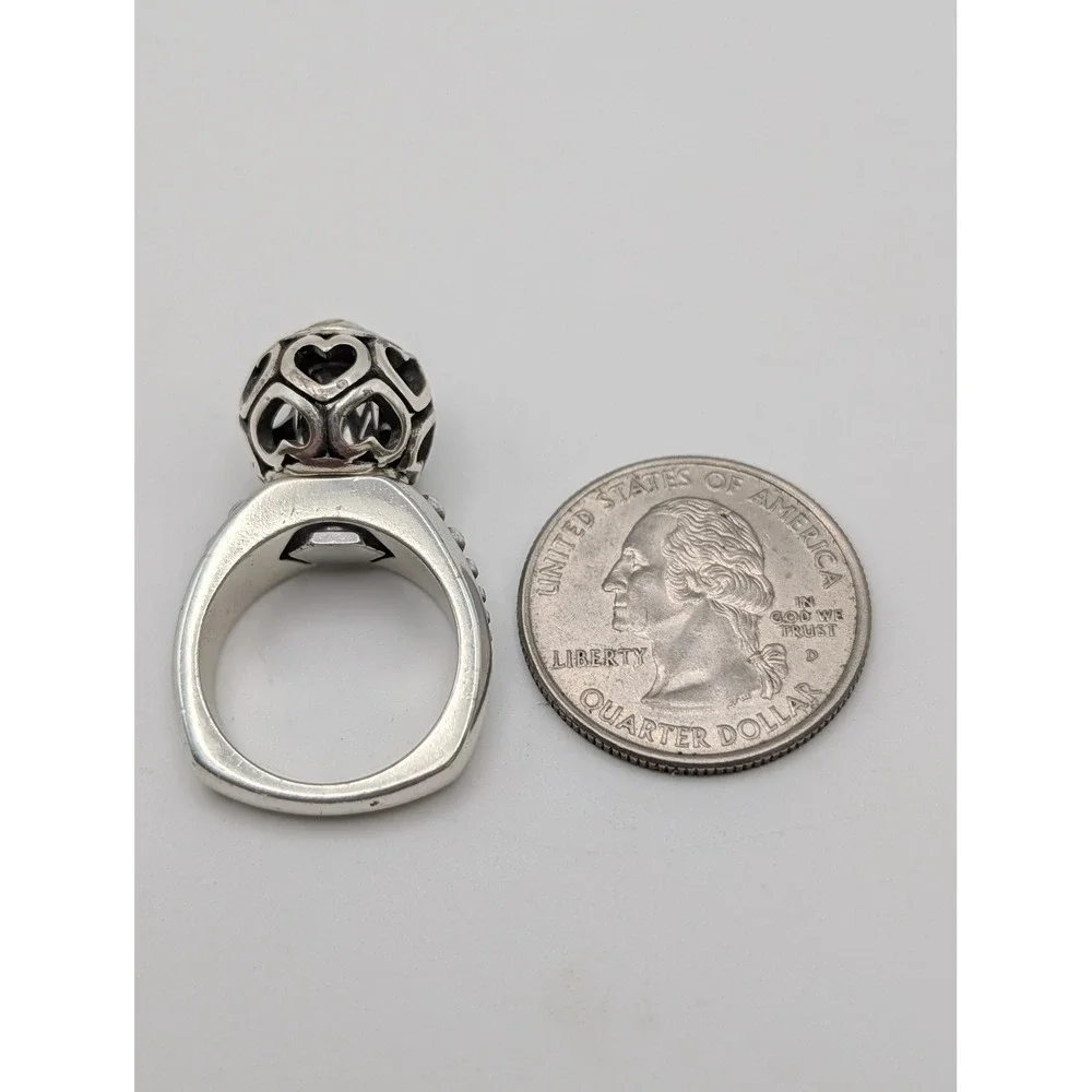 Brighton Silver Tone Swivel Heart Filigree Orb Statement Ring Size 6.5 with Box